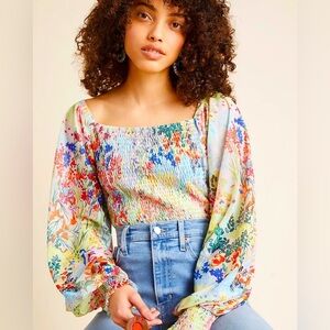 ANTHROPOLOGIE | ROUEN SMOCKED MULTI COLOR FLORAL LONG SLEEVE BLOUSE SIZE LARGE